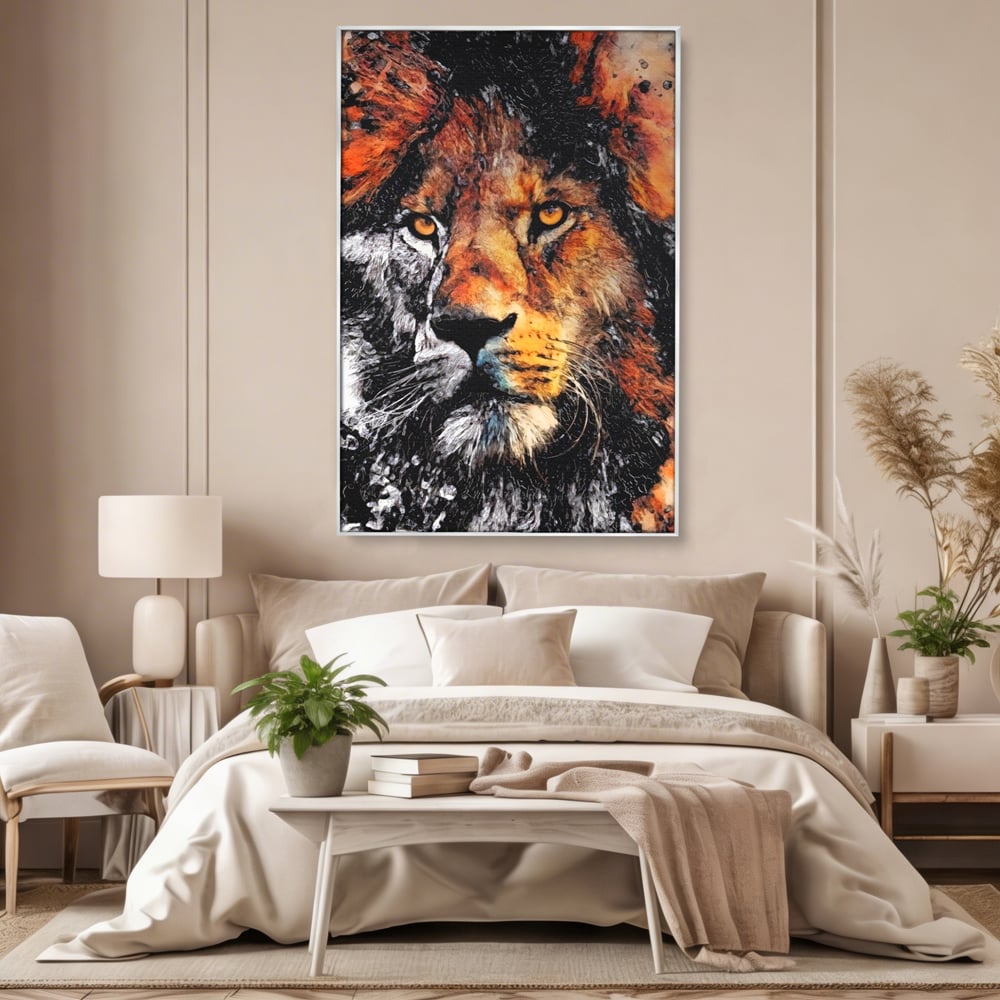 Tablou canvas cu tablou canvas cu leu stilizat, in rama de aluminiu argintiu, pe perete intr-un dormitor